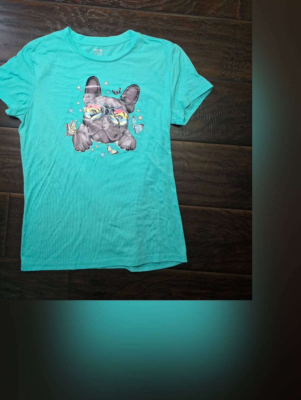 Girls Blue Green Bulldog Short Sleeve Casual Tee Shirt Small